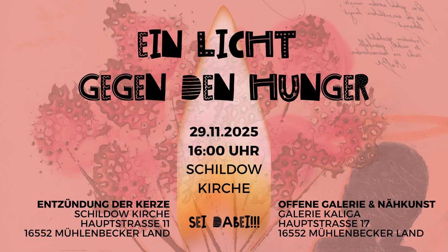 Bild vom Flyer "Ein Licht gegen den Hunger" für die alljährliche Entzündung der Kerze von Wolfgang Kaliga vor der Kirche in Schildow