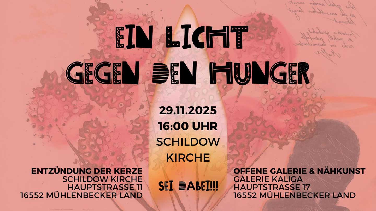 Bild vom Flyer "Ein Licht gegen den Hunger" für die alljährliche Entzündung der Kerze von Wolfgang Kaliga vor der Kirche in Schildow